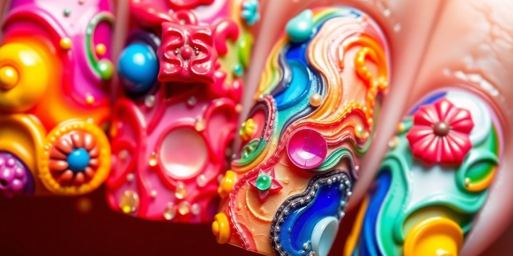 Unhas 3D com texturas e cores vibrantes.