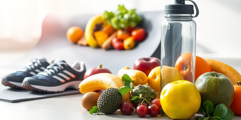 Healthy food, exercise gear, and water bottle on a mat.