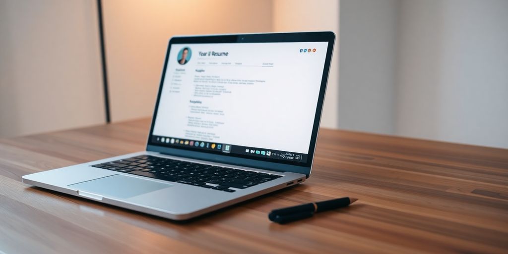 Laptop displaying a resume on a polished desk.