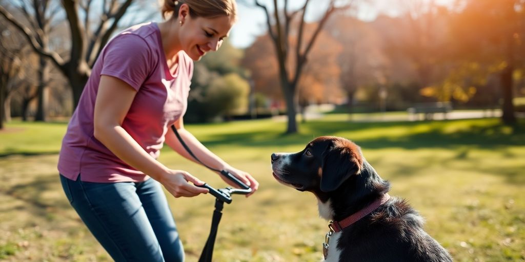 Happy dog obeying owner in Rose Bay park.