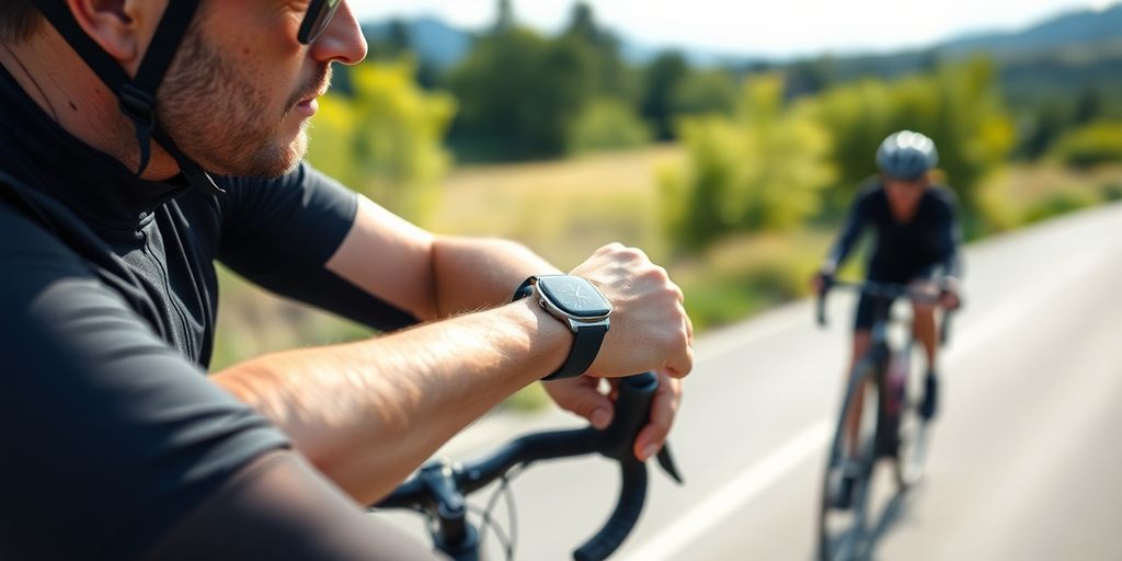 Cyclist checking smartwatch during recovery ride.