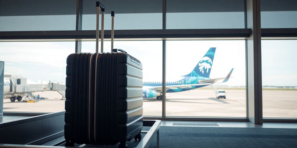 A carry-on suitcase fitting into an Alaska Airlines luggage sizer.
