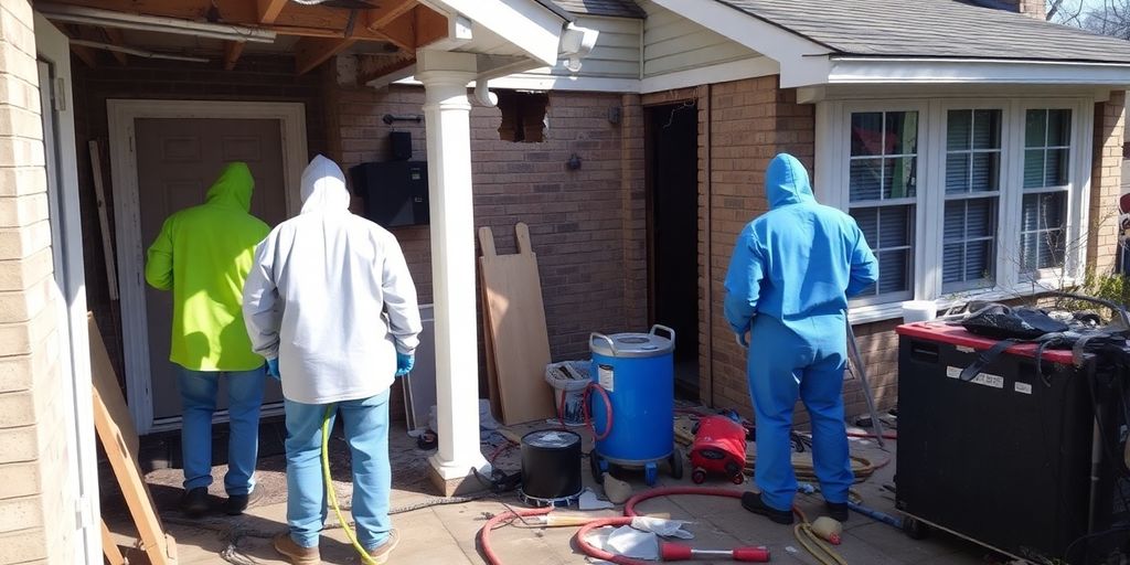 Contractors repairing water and fire damage in a home.