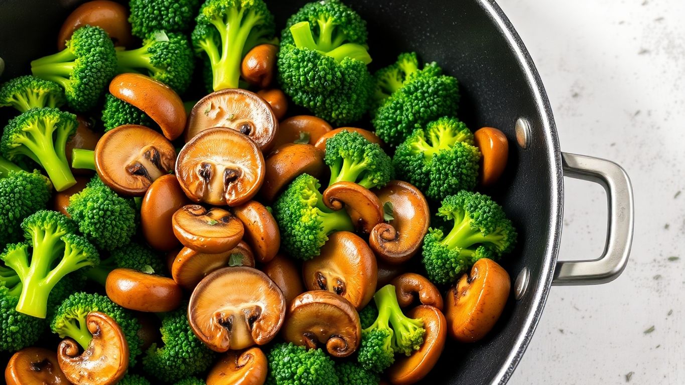 Refogado colorido de brócolis e cogumelos na frigideira.