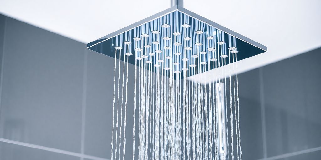 Sleek chrome shower system, rain head, handheld.
