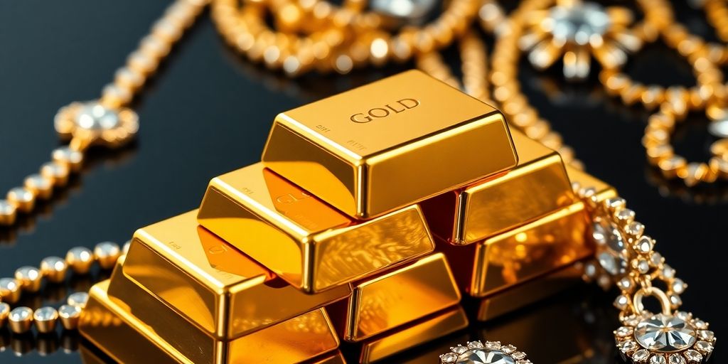 Lingots d'or et bijoux scintillants en arrière-plan.