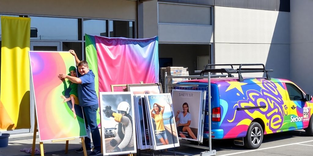 Outdoor printing workshop with colorful banners and vehicle graphic wrap.
