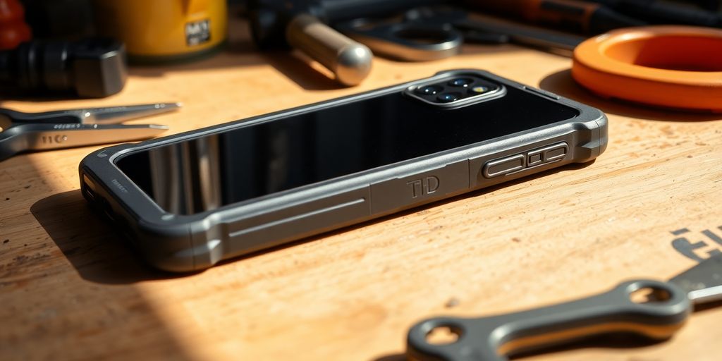 Rugged iPhone 12 tradie case in a workshop.