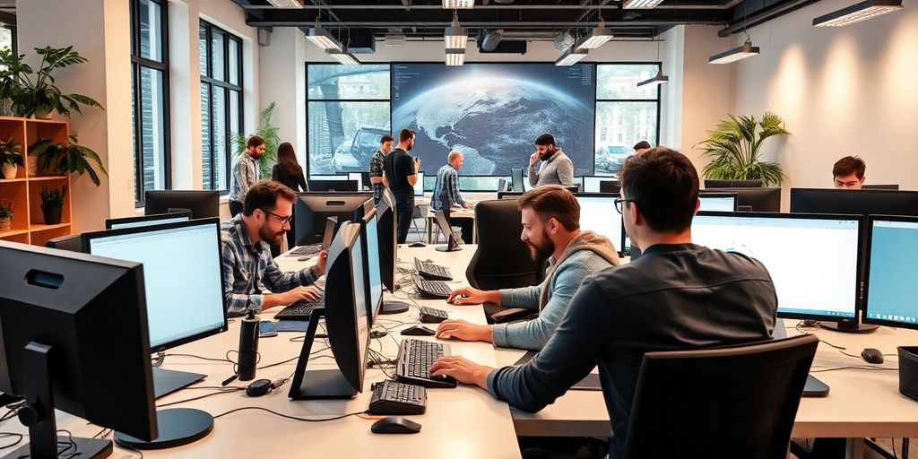 Modern workspace with entrepreneurs using technology for success.