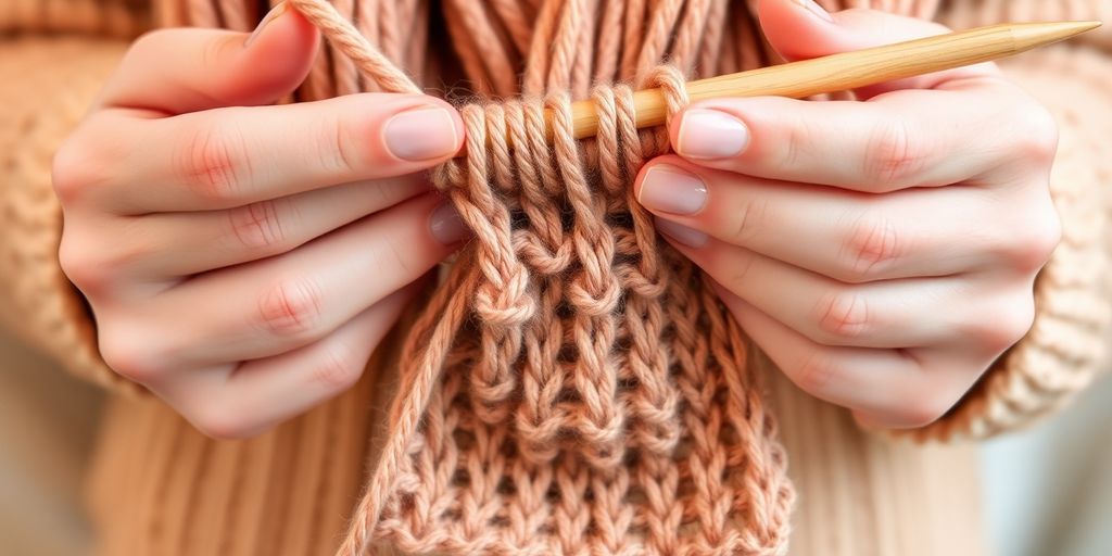 Hands knitting with bulky yarn and large needles.