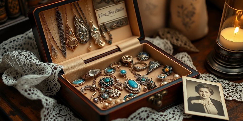 Vintage jewelry box with heirlooms and a nostalgic photograph.