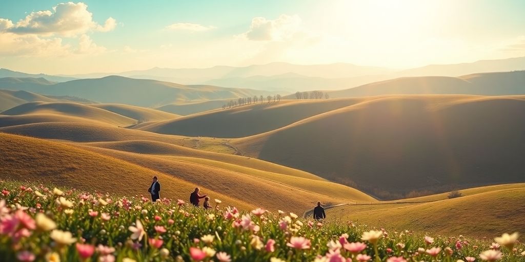 Silhouettes in a peaceful landscape during Easter season.