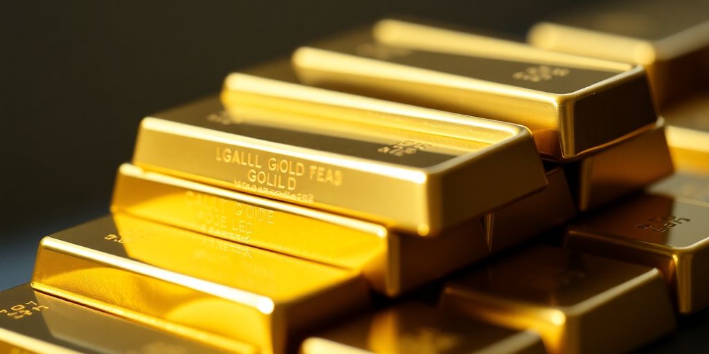 Gros plan sur des lingots d'or brillants et empilés.