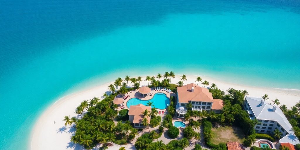Luxury resort on turquoise water with palm trees.