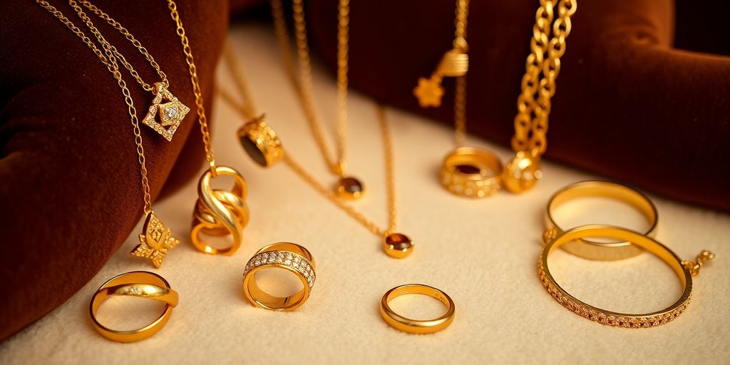 Collection de bijoux en or sur fond en velours.