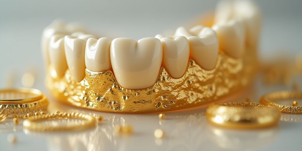 Des morceaux d'or dentaire brillants sur fond neutre.