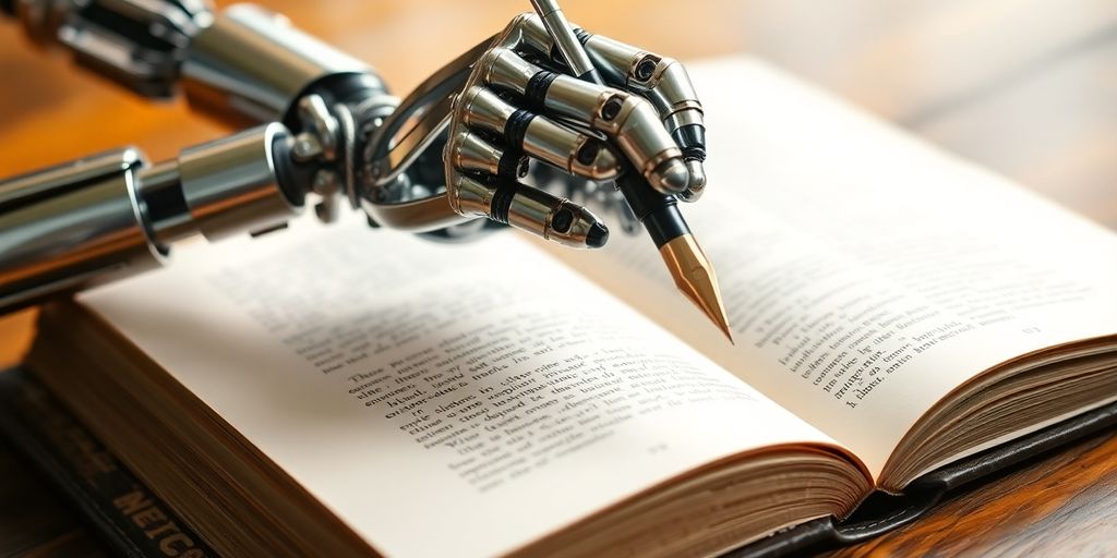 Robotic hand holding quill over open book.