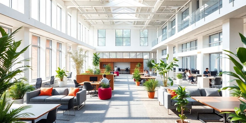 Moderne Bürolandschaft mit flexiblen Arbeitsbereichen.