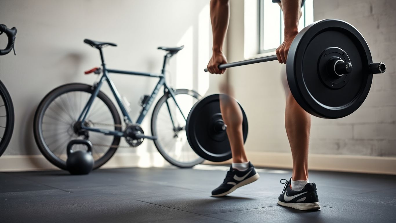 Cyclist deadlifting in gym with barbell, bike nearby, natural light.