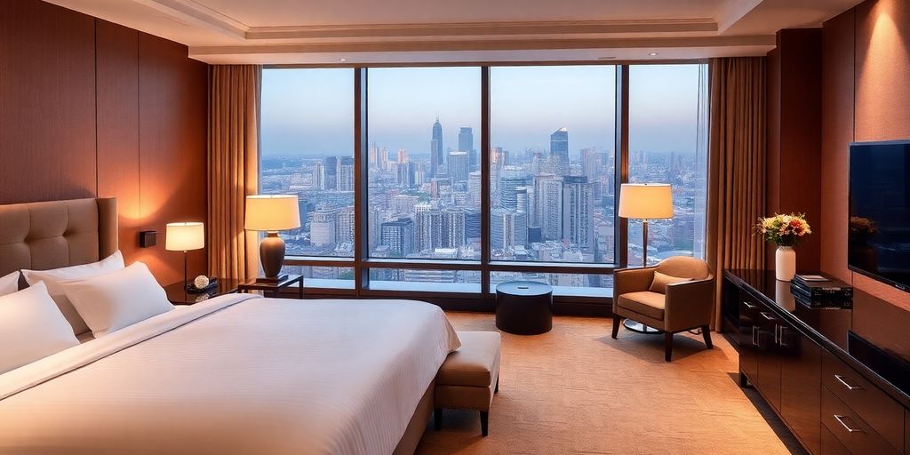 Luxury hotel suite with elegant decor and skyline view.