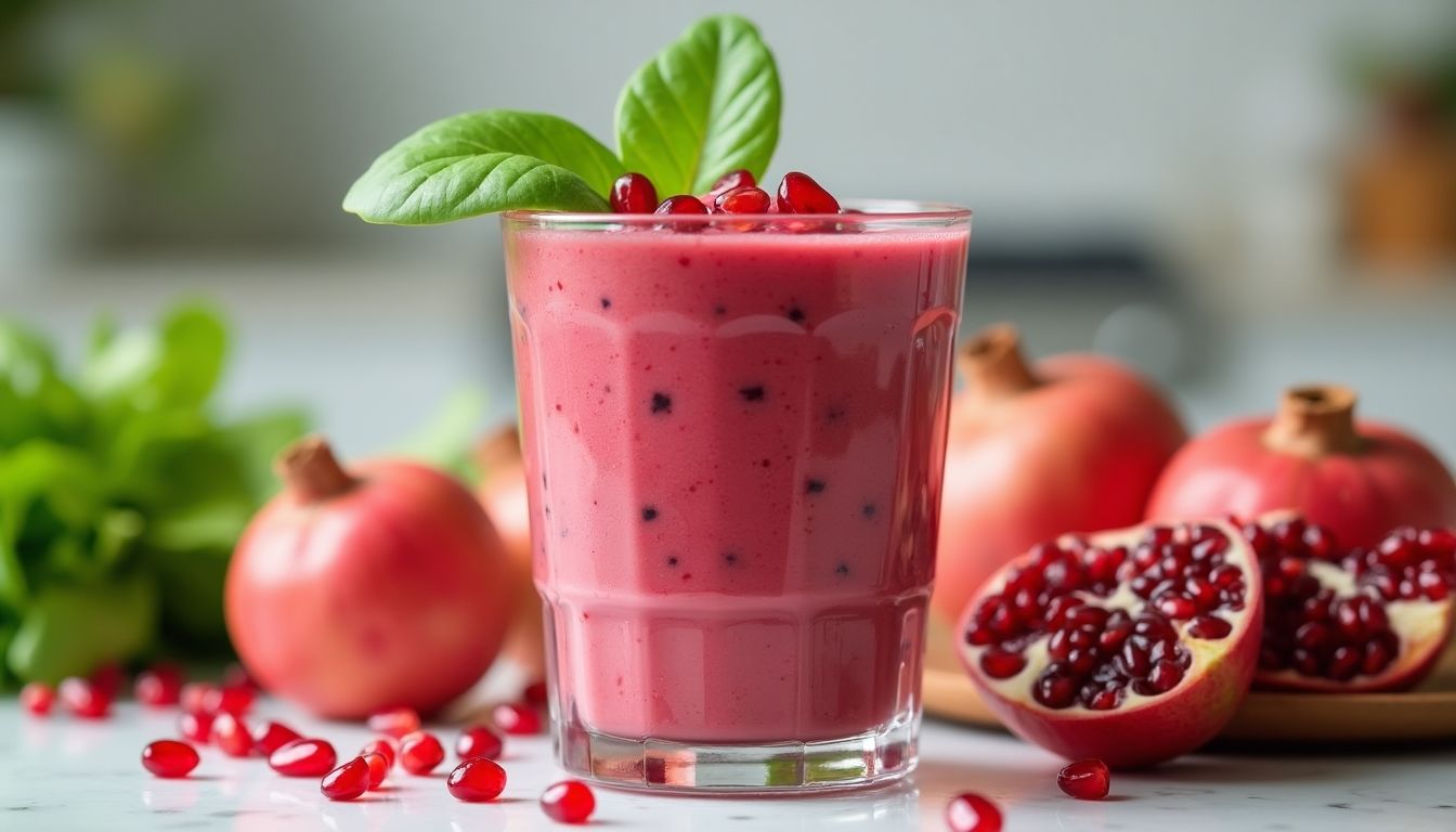 Pomegranate Spinach Smoothie in a glass with garnish.