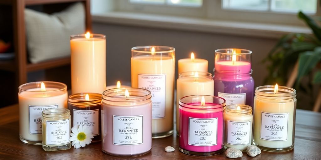 A collection of colorful scented soy candles on a table.