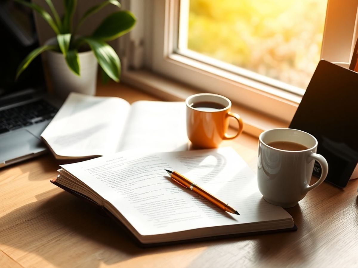Workspace with laptop, coffee cup, and open notebook.