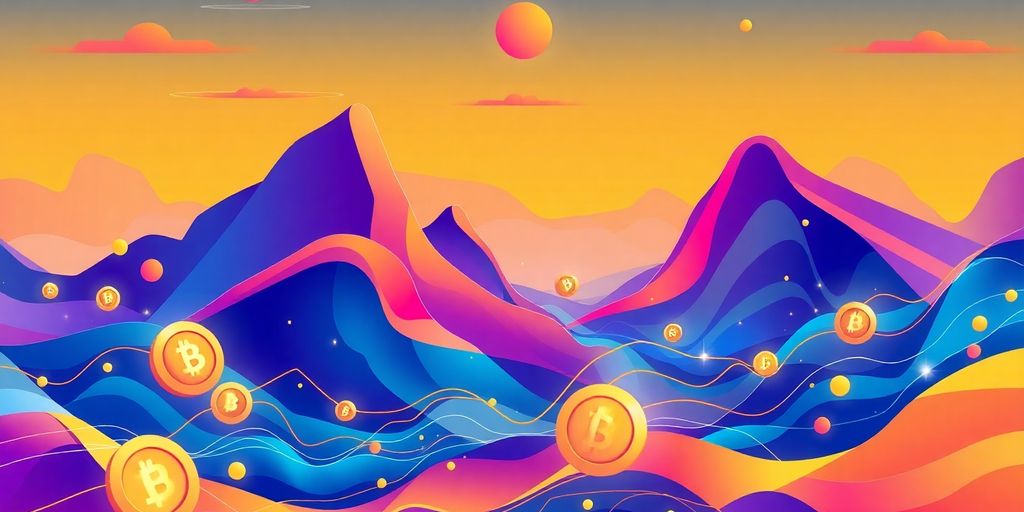 Futuristic digital landscape with abstract cryptocurrency elements.