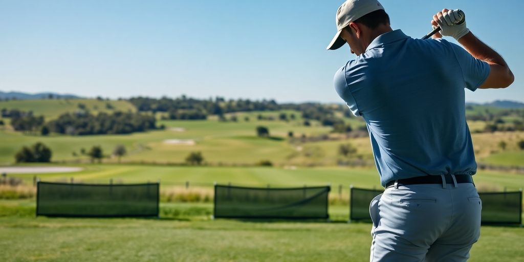 Golfer practicing swing on a driving range.
