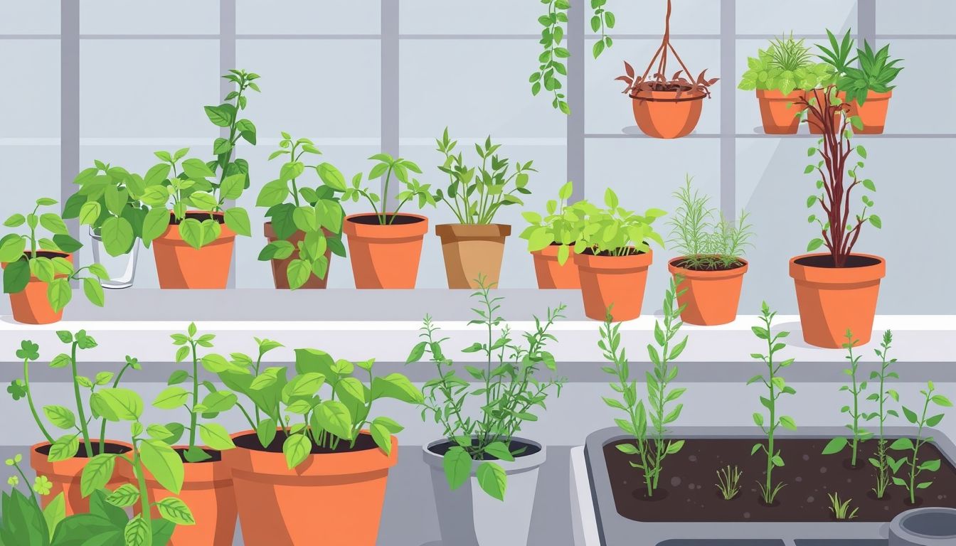 Herb garden with basil, mint, and rosemary.