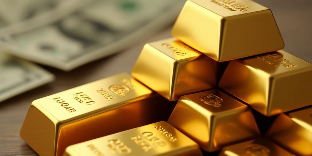Des lingots d'or avec des billets de dollar en arrière-plan.