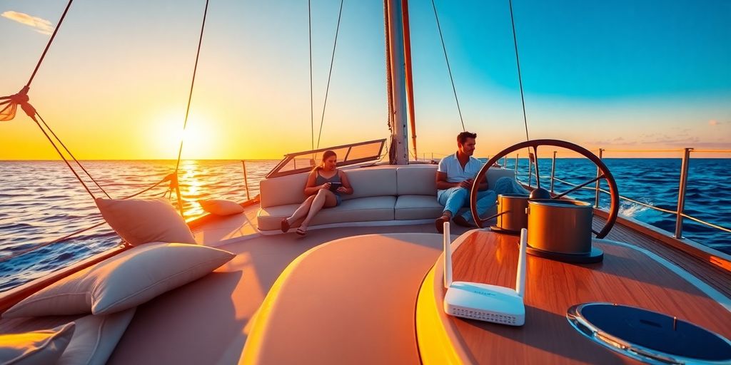 Couple relaxing on sailboat deck with ocean view and Wi-Fi.