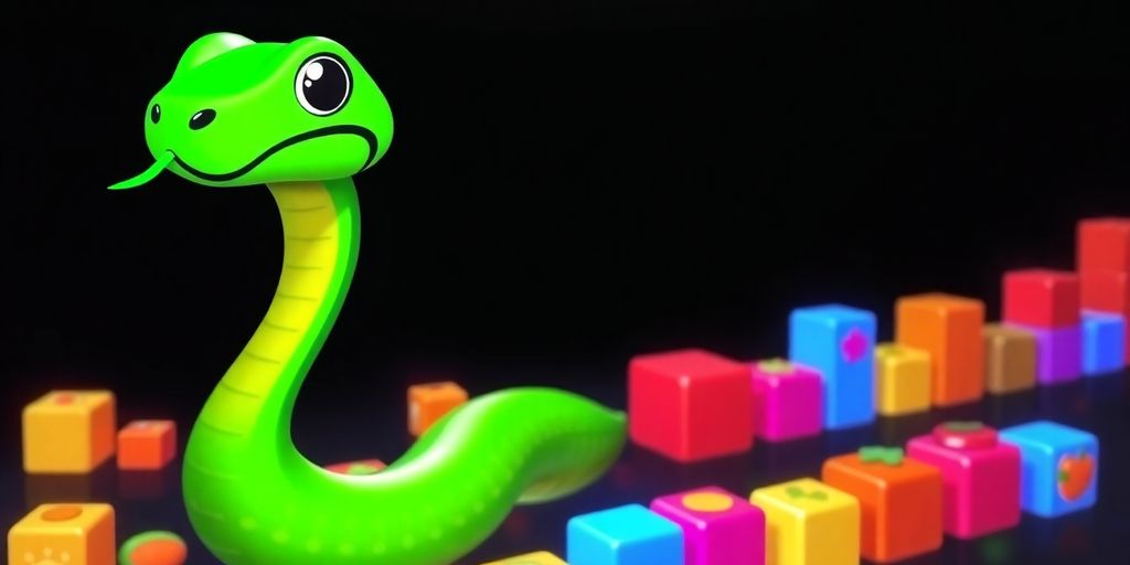 Green snake navigates colorful blocks on game screen.
