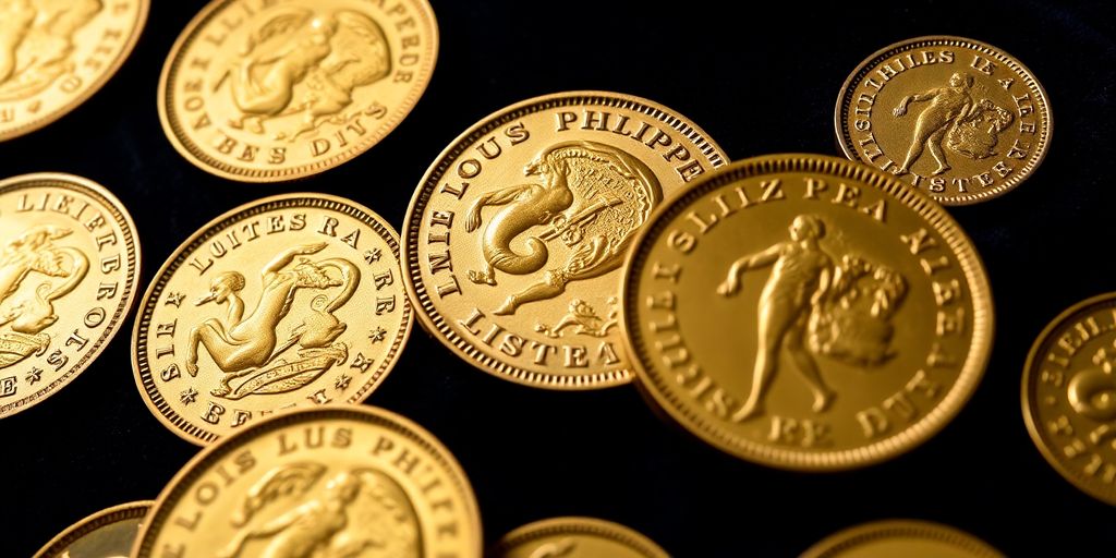 Pièces de Napoléon en or sur fond de velours.