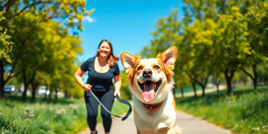 Happy dog enjoying a walk with a friendly walker.