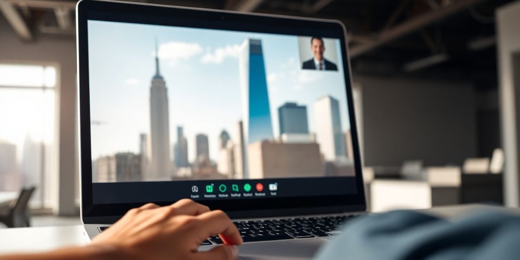 Laptop with remote work setup in New York City.