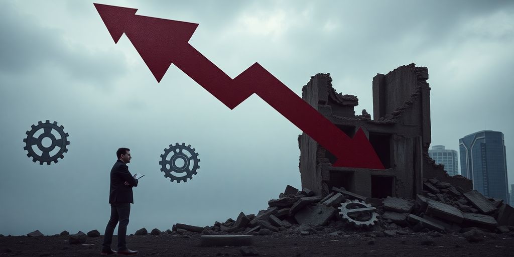 Broken gears, crumbling buildings, investor looking concerned.