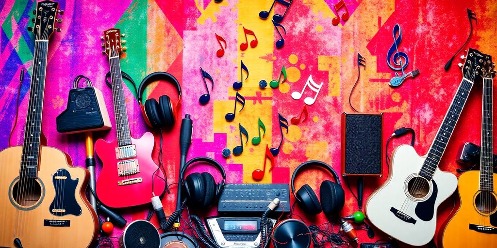 Colorful music notes and audio equipment on vibrant background.