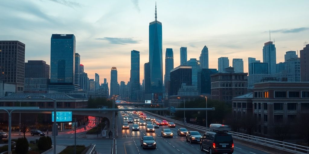 City skyline with integrated smart technology.