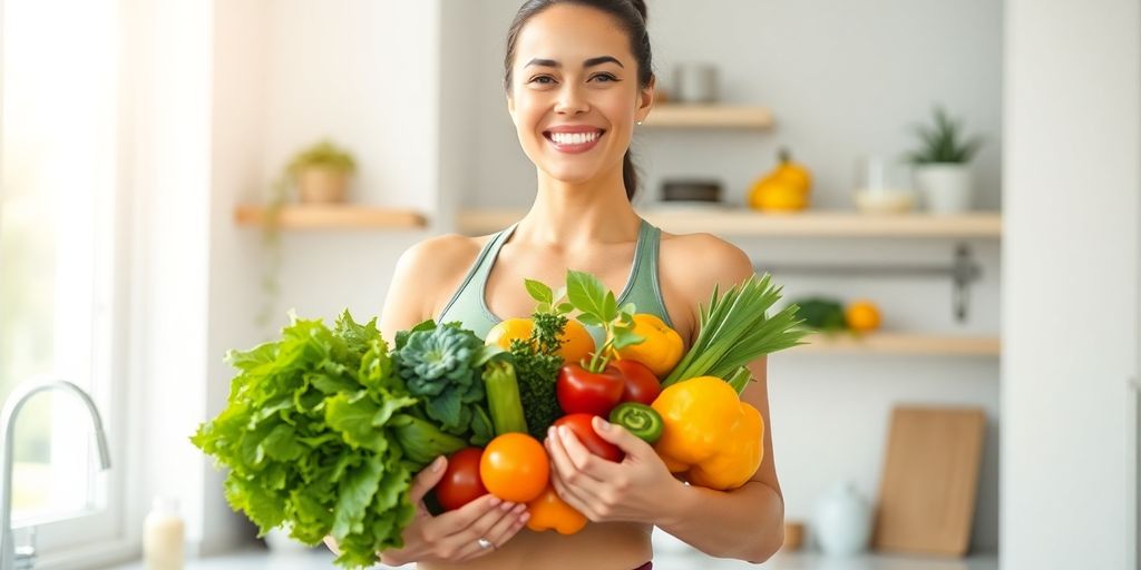 Woman smiling, holding vegetables, feeling healthy.