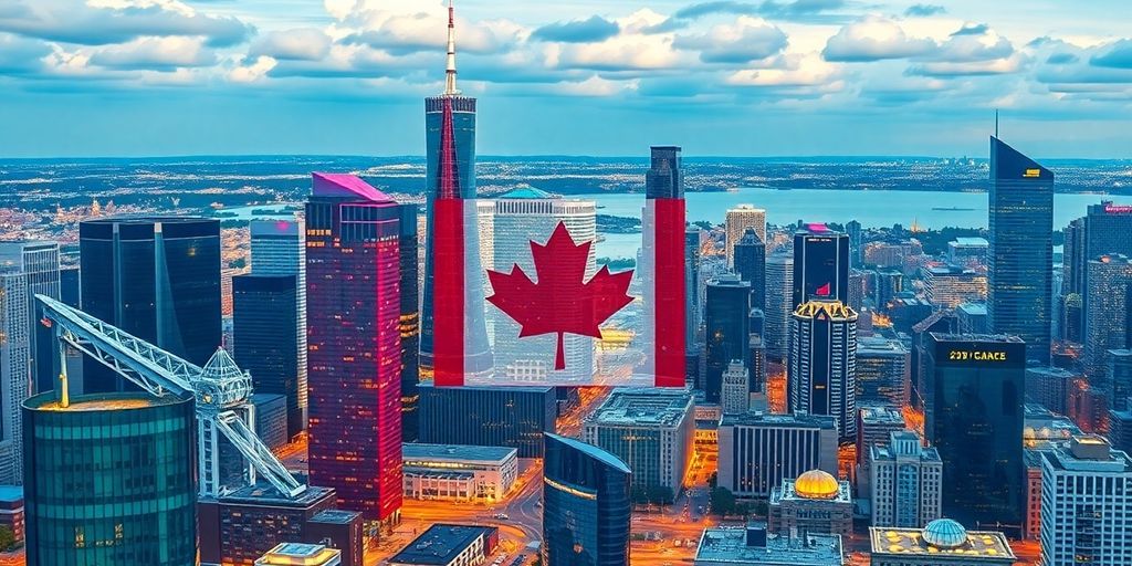 Canadian city skyline with digital blockchain elements.