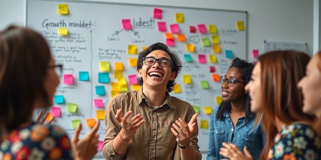 Group of diverse individuals brainstorming in a creative workspace.