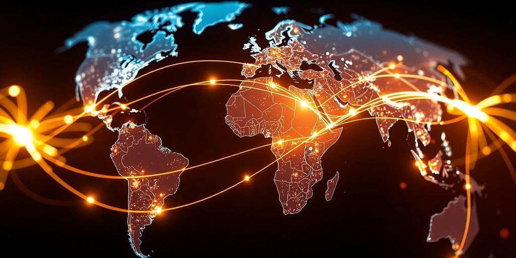 Global map with interconnected digital pathways.