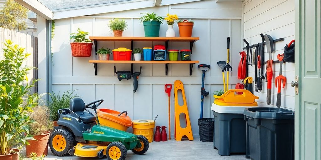 Lawnmower stored neatly in a creative outdoor space.