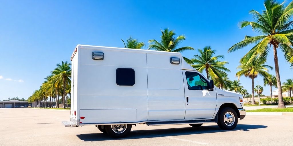 Ambulance parked in front of Florida palm trees.