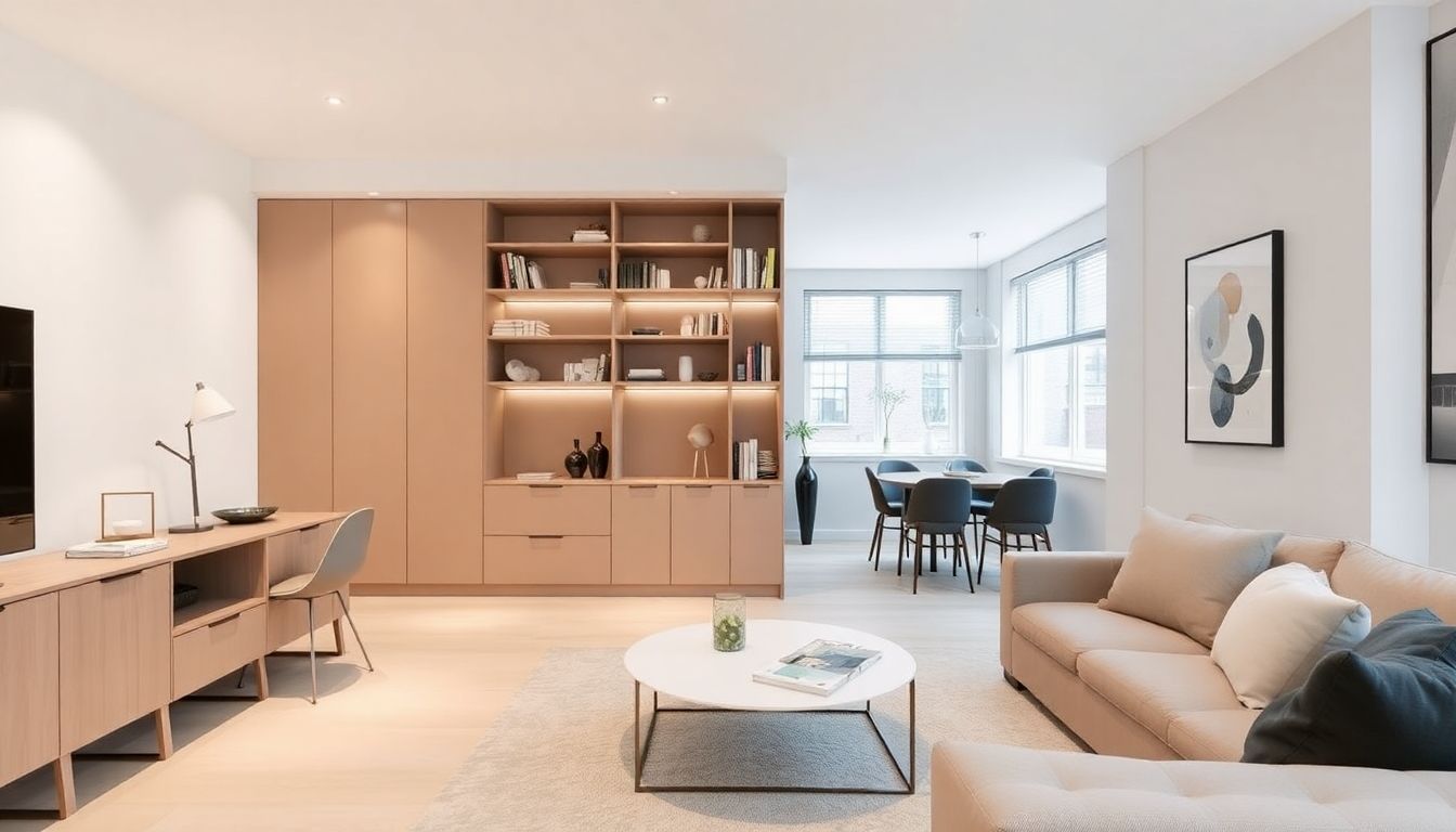 Modern London flat with smart storage and sleek furniture.