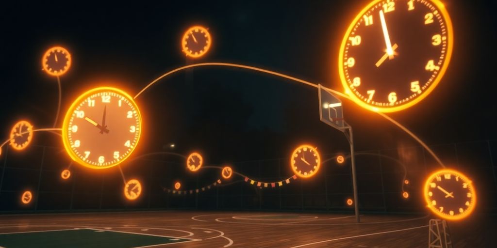Basketball court overlayed with globe and clocks.