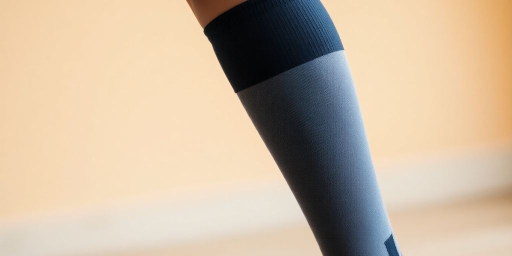 Person wearing compression socks for leg support and comfort.