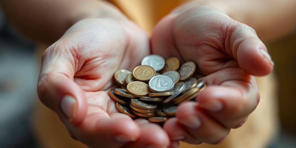 Person's hands holding a handful of coins.