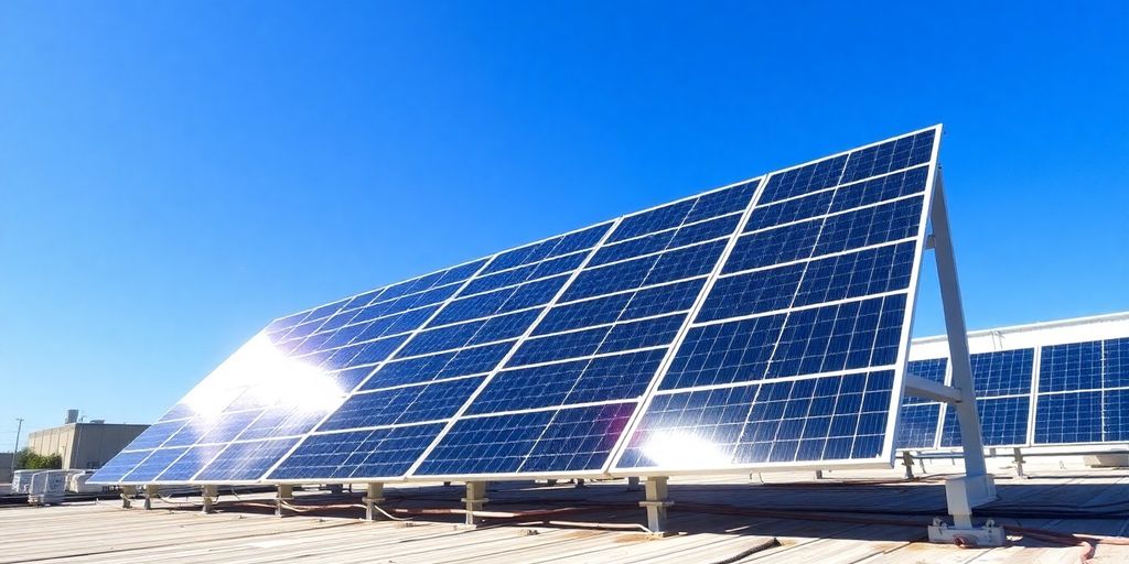 Solar panels on an industrial building roof under blue sky.